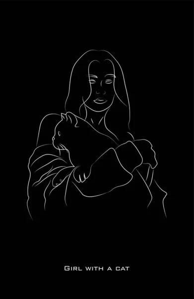   Kedili bir kız, siyah bir arkaplanda çizim yapıyor.
