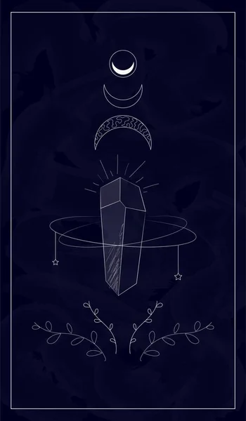 Mavi bir zemin üzerinde bir kristalin dış hatları, dallar ve ay ile