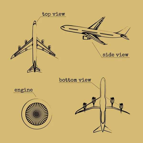 Ескіз Літака Двигуна Сторона Знизу Вид Зверху — стоковий вектор