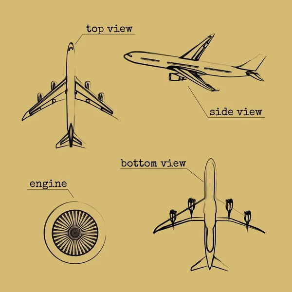 Esbozo Avión Motor Vista Lateral Inferior Superior — Vector de stock