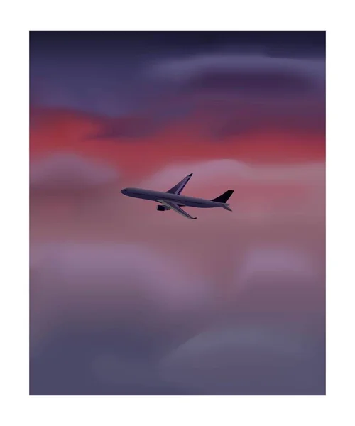 Repülőgép Sziluett Ellen Felhős Rózsaszín Lila Színekben — Stock Fotó
