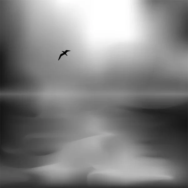 Denizin Siyah Beyaz Manzarası Gökyüzündeki Bir Kuşun Silueti — Stok fotoğraf