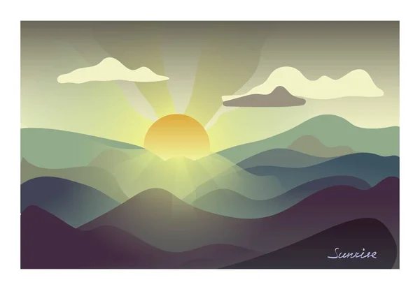 Dağlarda gün doğumunu gösteren, göze çarpmayan renklerde bir kartpostal.