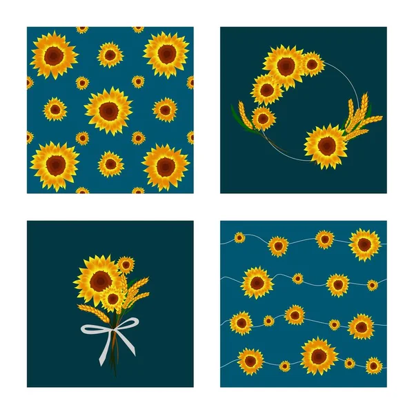 Set of drawings with sunflowers and ears of wheat