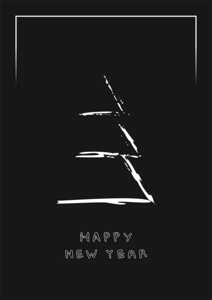 Yeni yıl için kartpostal, siyah arka planda beyaz bir Noel ağacının silüeti.