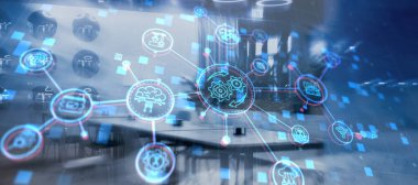 RPA. Modern şehrin soyut arka planında Robotik Süreç Otomasyonu.