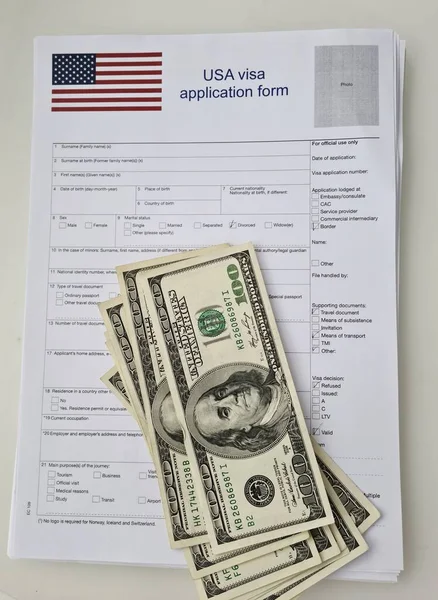 Document for American visa and cash American dollars. Getting a green card concept