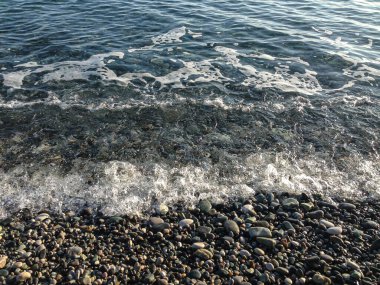 Deniz masrafı. Deniz dalgaları. Kum kıyısı. Biraz su. Mavi dalgalar