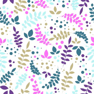 Renkli yapraklar ve dallarla vektör deseni. Dallar ve yapraklar belli bir düzen içinde. Beyaz arka planda bitkiler. Beyaz arkaplanda dekoratif yapraklar ve dallar