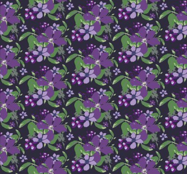 Çiçeklerle kusursuz bir desen. Yapraklı mor çiçekler. Genç çiçekler ve tomurcuklar
