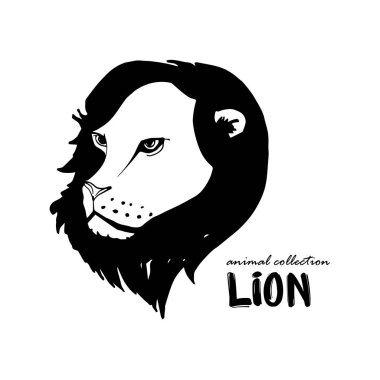 Aslan silueti. Büyük yeleli bir aslanın başı. Vahşi hayvan skeci. Afrika Hayvanı. Mürekkep çizimi