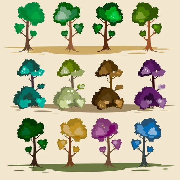 Grande Conjunto Árvores Com Folhas Árvores Arbustos Plantas — Vetor de Stock