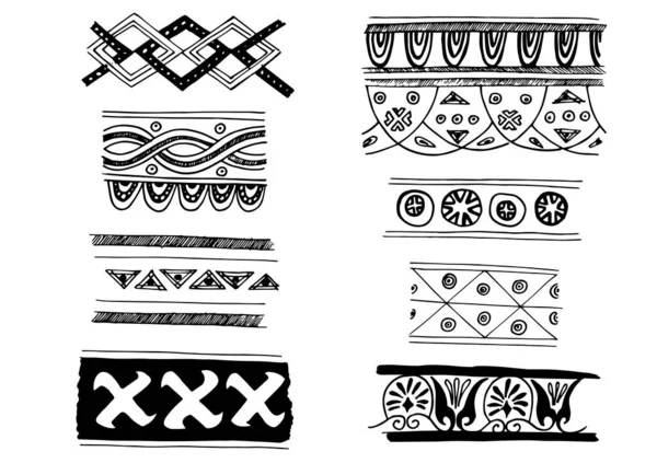 境界線や装飾品のファンタジーベクトルセット 美しい民族の装飾品 古代の装飾品やシンボル 古代インド 原始的な装飾品 線画だ スケッチ インク — ストックベクタ