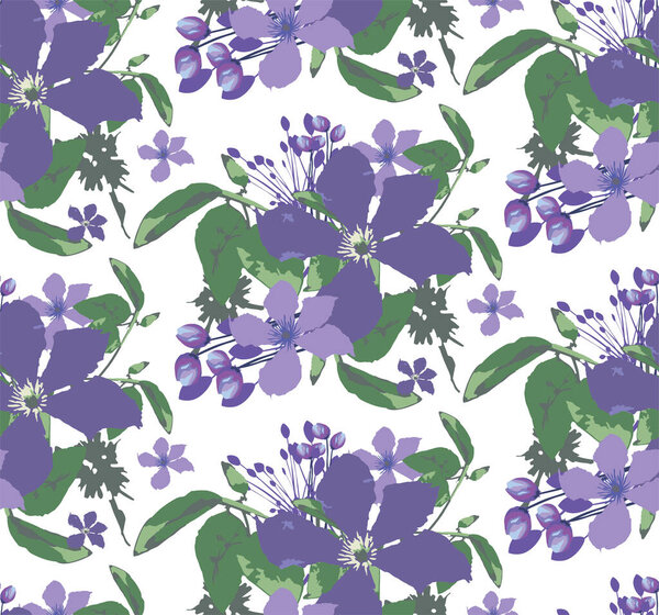 Векторный бесшовный узор с цветами. Фиолетовые цветы с листьями. Молодые цветы и почки