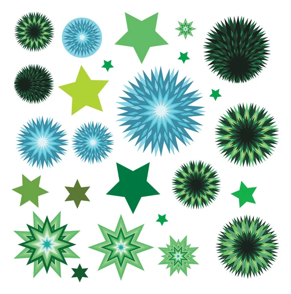 Set Green Stars Decorative Stars Thorns Objects White Background Blue — Stock Vector