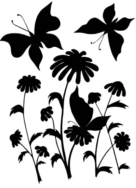 Фантазийный Векторный Набор Бабочек Цветов Красивые Растения — стоковый вектор