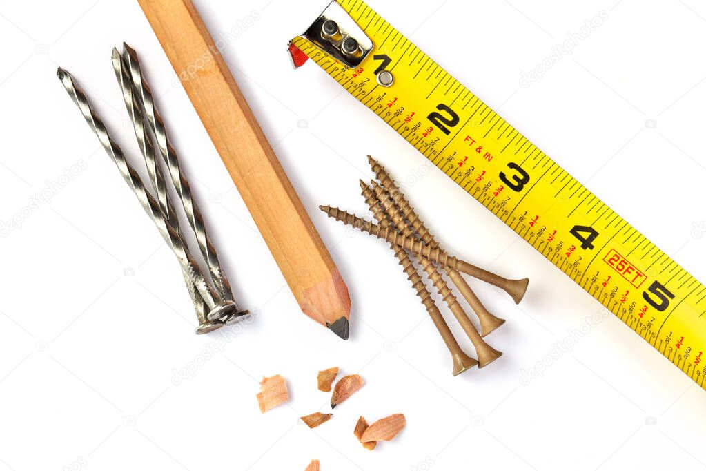 Carpenters Pencil with Sharpening Shavings, Tape Measure, Framing Nails and Deck Screws