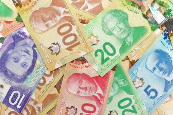 Direct boven het volledige kader Afbeelding van Canadese bankbiljetten van verschillende waarden — Stockfoto