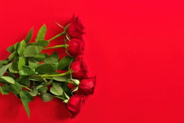 Red Stüdyo Arkaplanındaki Kırmızı Güller Buketi 'nin tam üstünde. Boşluğu sağda kopyala.