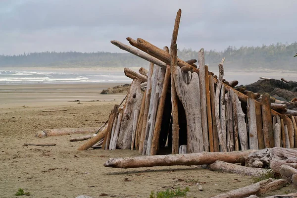 Un abri en bois flotté construit sur la plage de Tofino — Photo