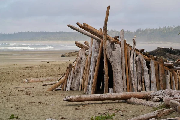 Bir Driftwood Barınağı Tofino sahilinde inşa edildi.