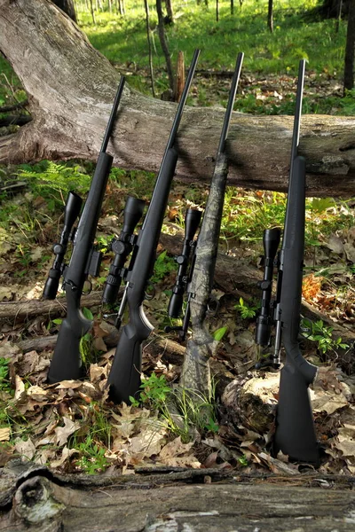 Four Hunting Rifles with Scope Optics Leaning against a fallen Tree — Stock Photo, Image