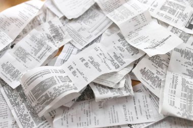 High Angle Full Frame Image of Receipts Ready for Accounting, Bookkeeping, Tax, Filing, Budgeting clipart