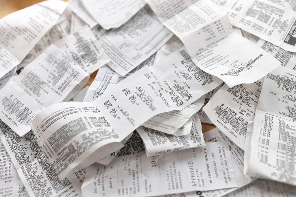 High Angle Full Frame Image of Receipts Ready for Accounting, Bookkeeping, Tax, Filing, Budgeting