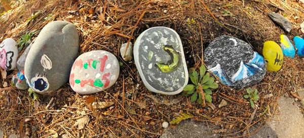 Close up of novelty colorful painted rocks in childrens rock garden, panoramic banner — Foto de Stock