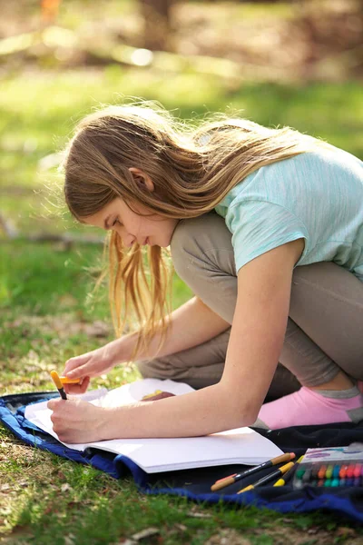 Młoda nastolatka pisze lub kolory w notatniku lub dzienniku na kocu na trawie Zdjęcie Stockowe