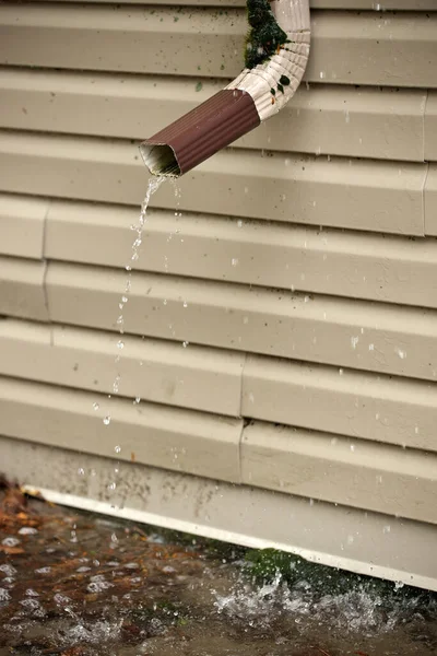 Rain Water Pours Out of a Short Downspout on side of house pooling by foundation because of improper drainage design and inadequate extension length. Pooled water threatens to flood basement