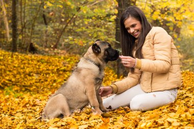 Mutlu, gülümseyen bir kadın. Köpeğini kucaklıyor, parkta uzanıyor.