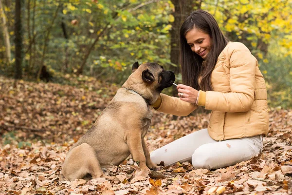 Mutlu, gülümseyen bir kadın. Köpeğini kucaklıyor, parkta uzanıyor.