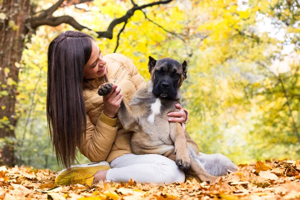 Feliz Mujer Sonriente Abrazando Perro Acostado Parque —  Fotos de Stock