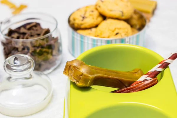 Dog treats spilling out of bowl. Dog treats and biscuits