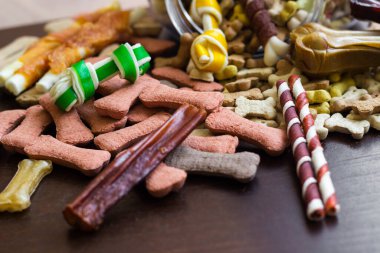 Pet food, snacks for dogs. Dog tasty colored biscuits on wooden background
