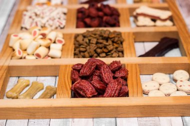 Köpeğin lezzetli renkli bisküvileri.