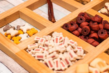 Köpeğin lezzetli renkli bisküvileri.