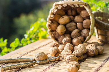 Tahta sepetin üzerinde ceviz ve fındık.