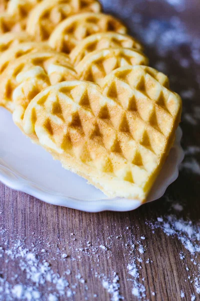 Waffles Powdered Sugar Wooden Background — Stock Photo, Image