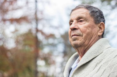 Yaşlı adam dışarıda dinleniyor ve aşağıya bakıyor. Son sınıf öğrencisinin portresi düşünceli görünüyor.