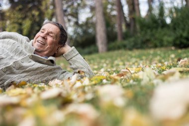Halka açık bir parkta gülümseyen mutlu yaşlı bir adamın portresi dışarıda dinlenen, başka tarafa bakan ve oturan yaşlı bir adam. Emekliliğin tadını çıkaran yaşlı bir adamın portresi
