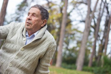 Açık havada, halka açık bir parkta gülümseyen son sınıf öğrencisinin portresi. Yaşlı adam dışarıda dinleniyor ve kameraya bakıyor. Emekliliğin tadını çıkaran yaşlı bir adamın portresi