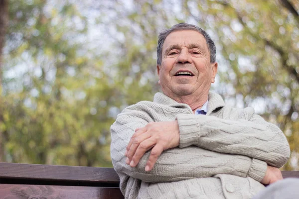 Retrato Anciano Sonriente Sentado Banco Parque Público Aire Libre Viejo —  Fotos de Stock