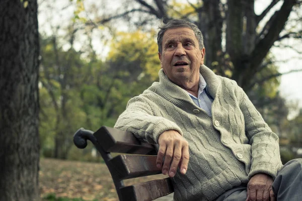 Retrato Anciano Pensativo Sentado Banco Parque Público Aire Libre Viejo —  Fotos de Stock