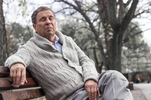 Retrato Anciano Pensativo Sentado Banco Parque Público Aire Libre Viejo —  Fotos de Stock