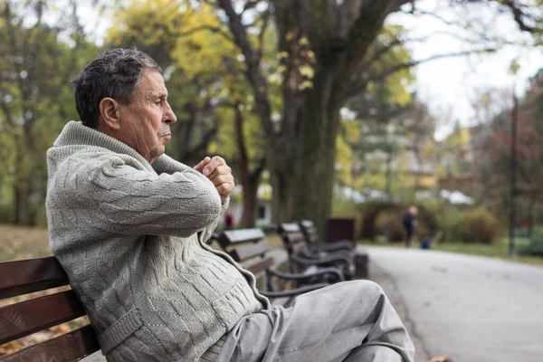 Retrato Anciano Pensativo Sentado Banco Parque Público Aire Libre Viejo —  Fotos de Stock