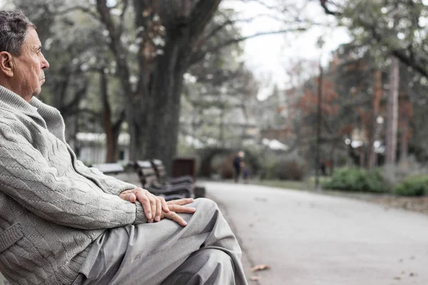 Retrato Anciano Pensativo Sentado Banco Parque Público Aire Libre Viejo —  Fotos de Stock