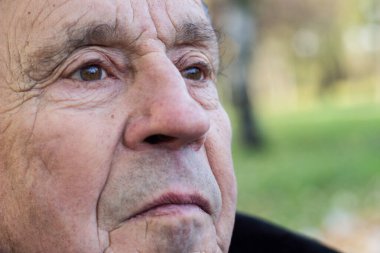 Üst düzey bir adamın gözleri, açık hava, doğa. Başka tarafa bakıyor, düşünceli, düşünceli. Son sınıf öğrencisinin yüzünü ve gözlerini kapat.