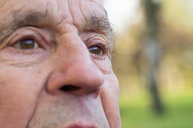 Üst düzey bir adamın gözleri, açık hava, doğa. Başka tarafa bakıyor, düşünceli, düşünceli. Son sınıf öğrencisinin yüzünü ve gözlerini kapat.